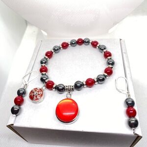 Burgundy And Silver Charm Bracelet Earrings Set